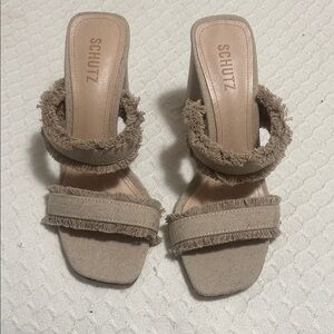 SCHUTZ Beige Fringe Double-Strap Mule Heels